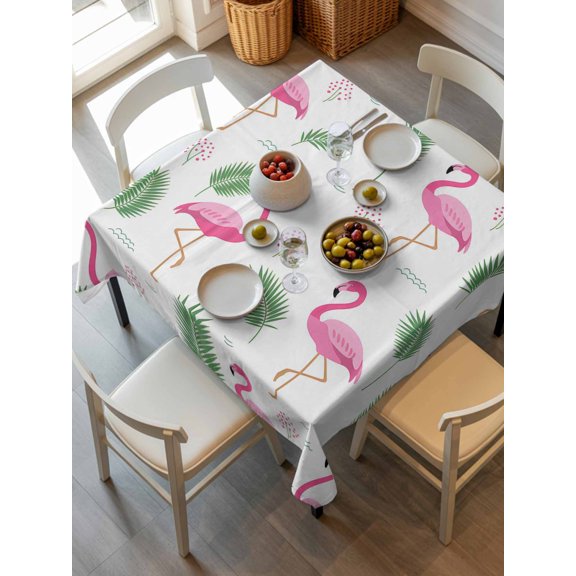 Pink Flamingos Tablecloth Square Table Cloth 54x54, Waterproof Outdoor Table Cloth Covers Decorative Table Protector, Summer Green Tropical Palm Leaves Washable Table Cover for Kitchen Dinning Party