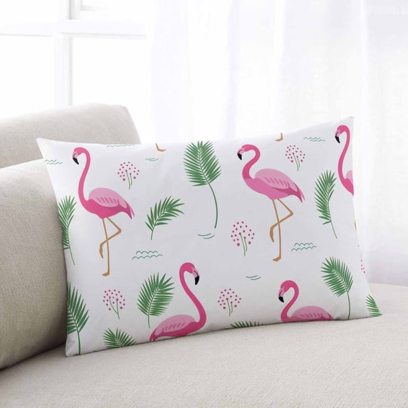 Pink Flamingos Throw Pillow Cover, Pillowcase Protectors with Zipper, Breathable Decorative Lumbar Pillow Case Cover, Summer Green Tropical Palm Leaves Pillow Shams for Couch Sofa 16x24Inch