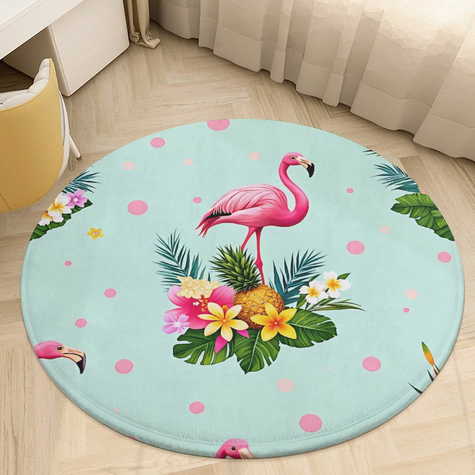 Pink Flamingos Tropical Leaves And Flower Round Area Rugs for Bedroom ...