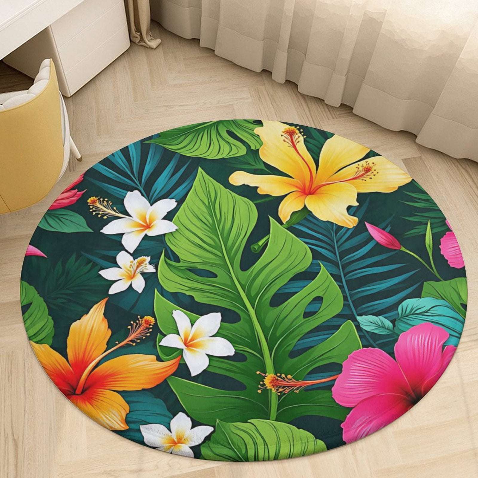 Pink Flamingos Tropical Leaves And Flower Round Area Rugs for Bedroom ...