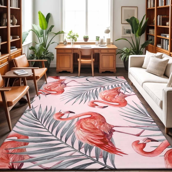 Pink Flamingos Washable Area Rug 6 x 9 ft Summer Tropical Animals Palm Leaf Pink, Soft Non Slip Rugs Stain Repellent Indoor Felt Carpet for Living Dining Room Bedroom Home Office