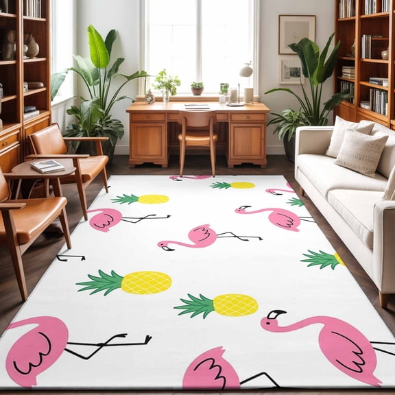Pink Flamingos Washable Area Rug 9 x 12 ft Preppy Tropical Animals Summer Fruit Pineapples, Soft Non Slip Rugs Stain Repellent Indoor Felt Carpet for Living Dining Room Bedroom Home Office