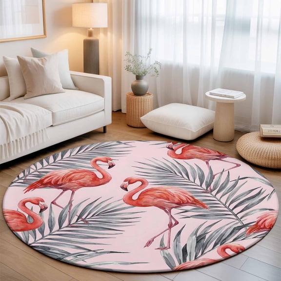 Pink Flamingos Washable Round Area Rug 3 ft, Summer Tropical Animals Palm Leaf Pink, Soft Non Slip Rugs Stain Repellent Indoor Felt Carpet for Living Dining Room Bedroom Home Office