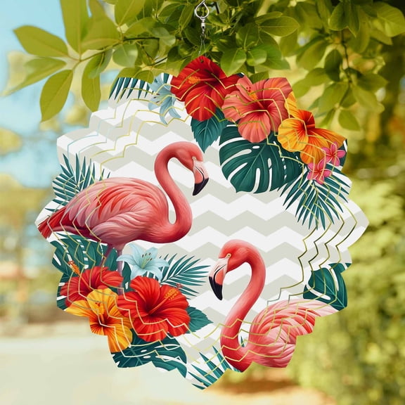Pink Flamingos Wind Spinner for Garden Yard 8In, Summer Red Hibiscus Flower Tropical Plant Wave Stripes 3D Stainless Steel Kinetic Hanging Wind Spinners Rustproof Outdoor Decor for Lawn Patio Home