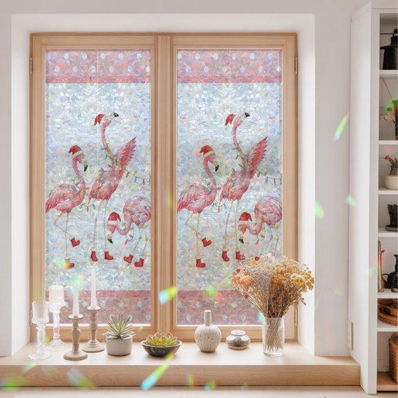 Pink Flamingos Window Privacy Film Tropical Santa Hats Red Boots Birds Polka Dot Border Static Cling Stained Glass Window Film Non-Adhesive Decorative Decals Rainbow Sticker 23.6"X59"