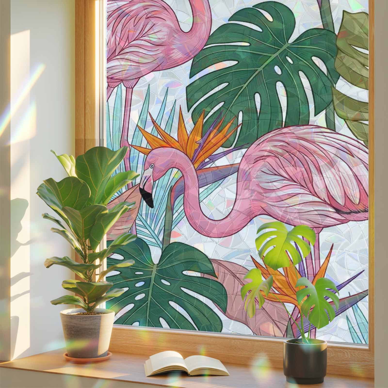 Pink Flamingos Window Privacy Film, Watercolor Monstera Leaf Green ...