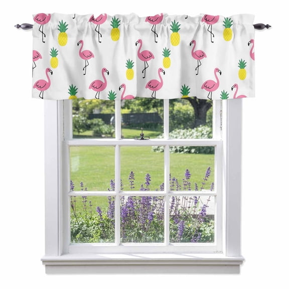 Pink Flamingos Window Valance for Kitchen, Preppy Tropical Animals Summer Fruit Pineapples Rod Pocket Short Curtains for Bathroom Bedroom Small Window, Light Filtering Decorative Valances, 54x18 Inch