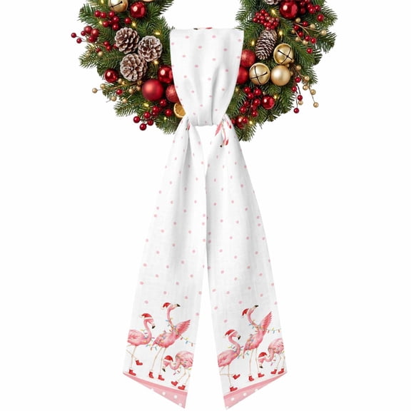 Pink Flamingos Wreath Sash for Front Door Tropical Santa Hats Red Boots Birds Polka Dot Border Ribbon Sash, Winter Holiday Wreath Accessories for Yard Porch Doorway Decor , 4.9 x 56 Inches