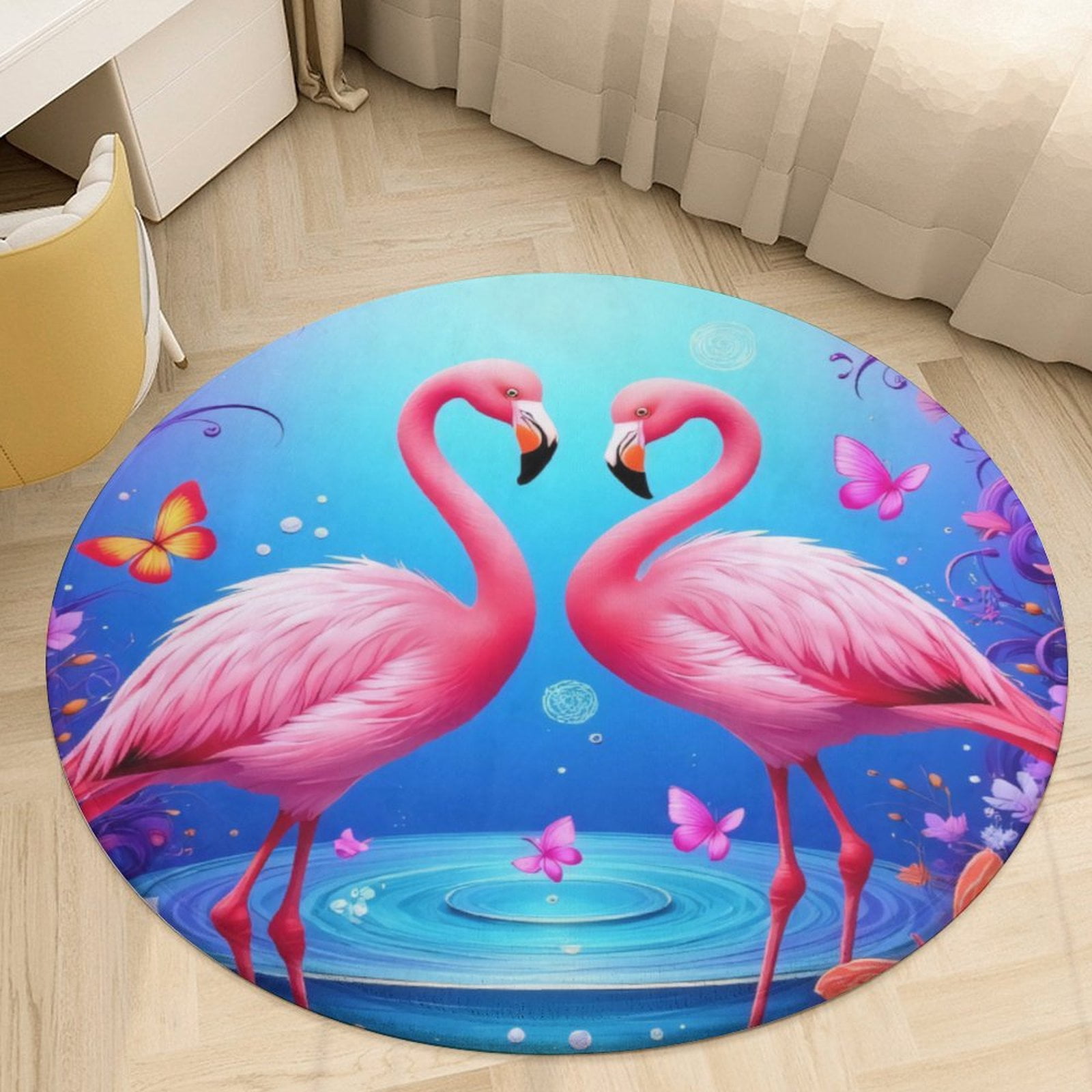 Pink Flamingos in Floral Fantasy Round Area Rugs for Bedroom Living ...