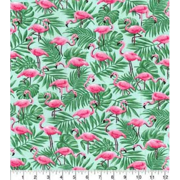 Pink Flamingos in Palm Leaves Cotton Fabric