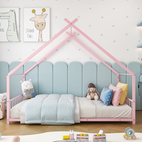 Pink Flat Bed House Shape with Side Guardrails Twin Children's Iron Bed