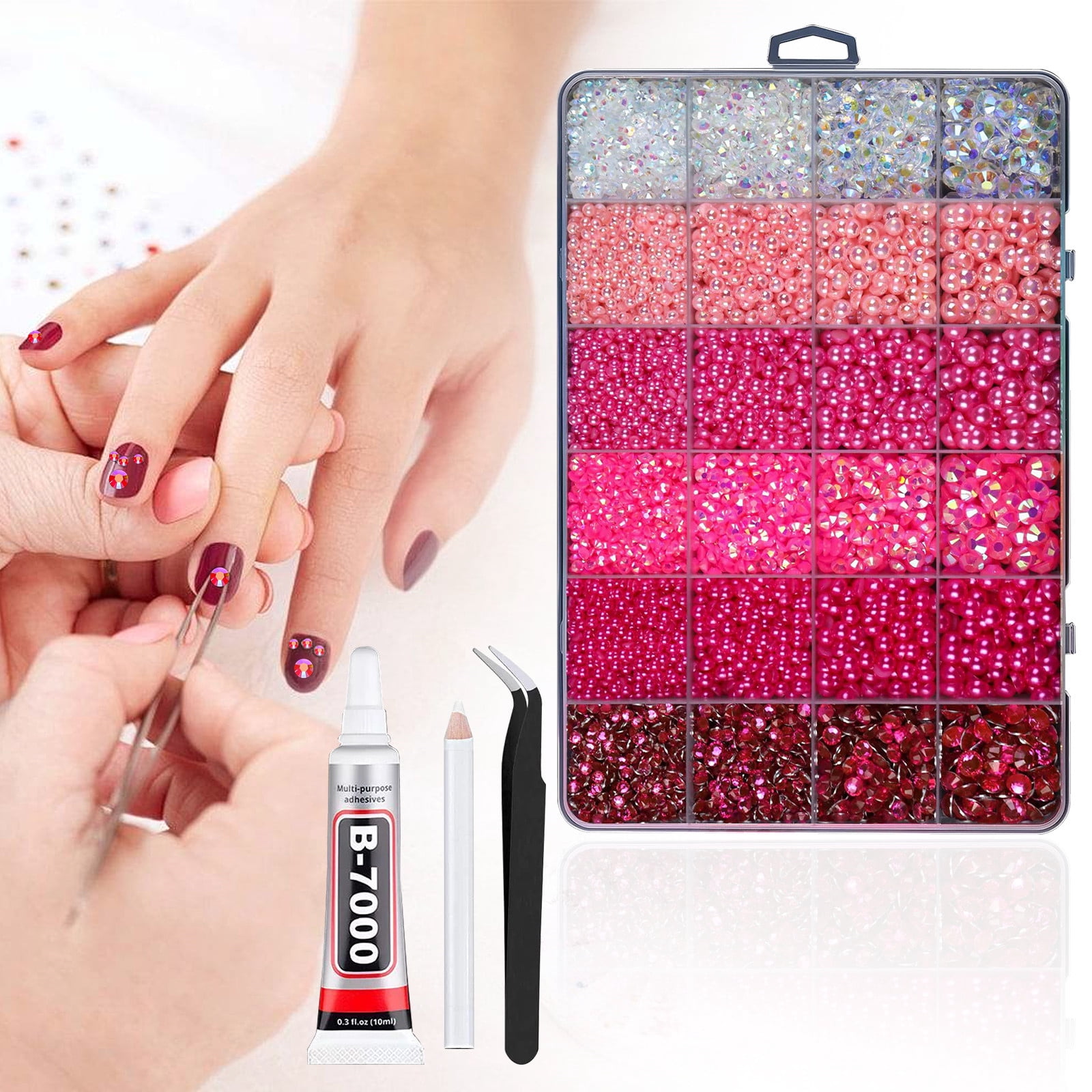 Pink Flatback Pearls and Rhinestones Bedazzling Kit, Hot Pink Mixed Sizes 3-10mm Resin Rhinestones, Half Pearls Gems for Crafting, Nail Art,Makeup,Clothing, DIY Crafts with Tweezers and Picker Pencil