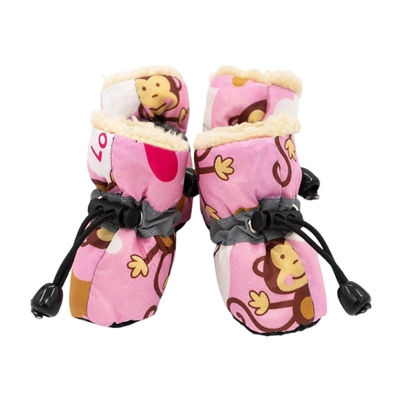 Pink Fleece-Lined Dog Booties, Soft Non-Slip Pet Paw Covers with Monkey Print, Warm Winter Footwear for Small to Medium Canines, 4-Pack indoor Outdoor Paw Protection Shoes