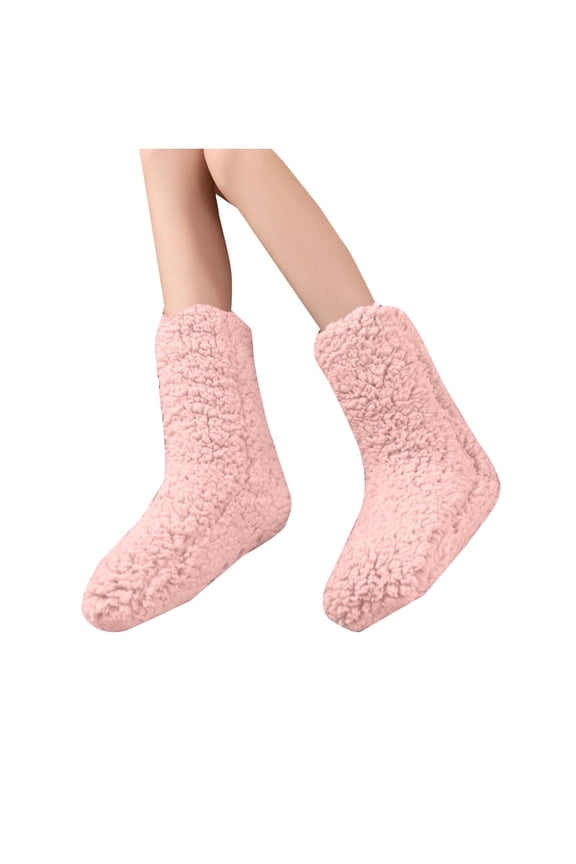 Pink Fleece-Lined Floor Socks For Womens With Non-Slip Soles Warm Plush Slipper Socks 14.96 Inch Length 5.12 Inch Wide Free Size