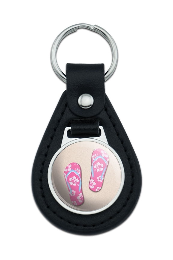 Pink Flip Flops on Sand Sandals Beach Black Leather Keychain