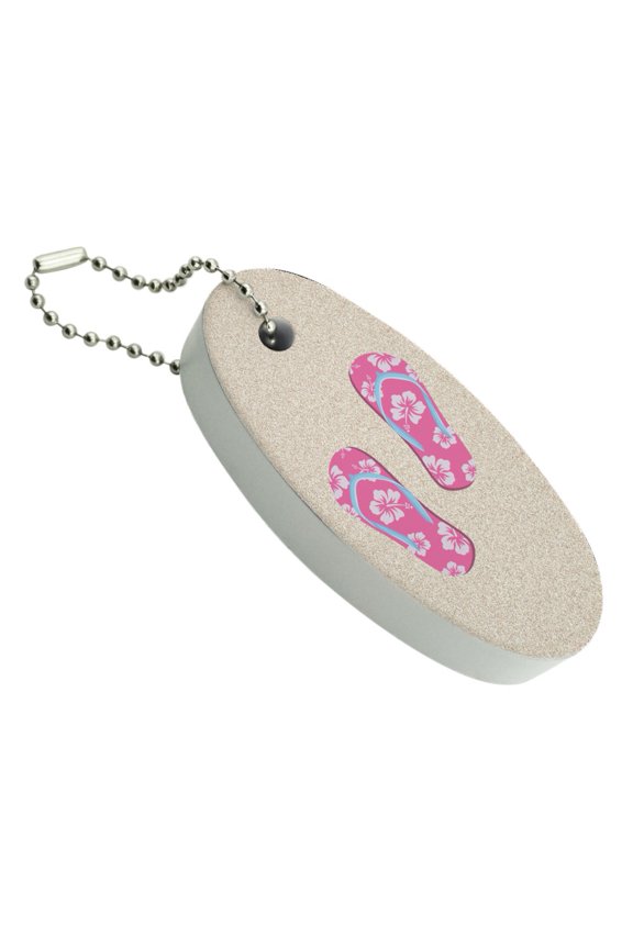 Pink Flip Flops on Sand with Hibiscus Flowers Sandals Beach Floating Foam Keychain Fishing Boat Buoy Key Float