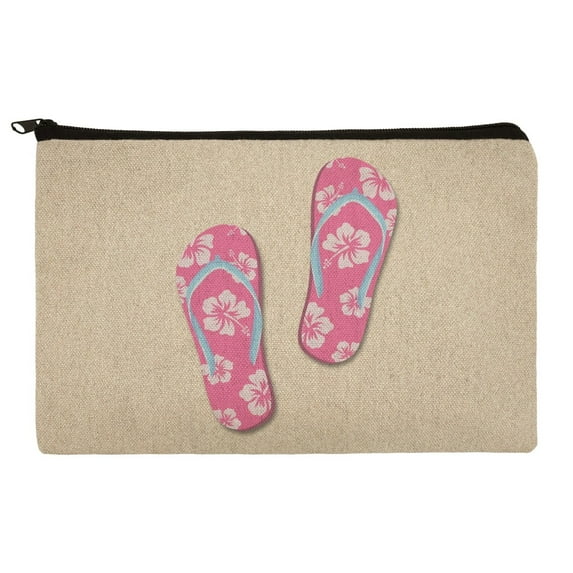 Pink Flip Flops on Sand with Hibiscus Flowers Sandals Beach Makeup Cosmetic Bag Organizer Pouch
