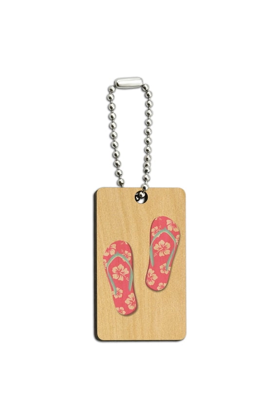 Pink Flip Flops on Sand with Hibiscus Flowers Sandals Beach Wood Wooden Rectangle Keychain Key Ring