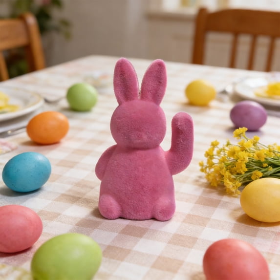 Pink Flocked Easter Bunny Figurine Velvet Decor Cute Gift for Spring Home Table Decoration(Hot Pink)