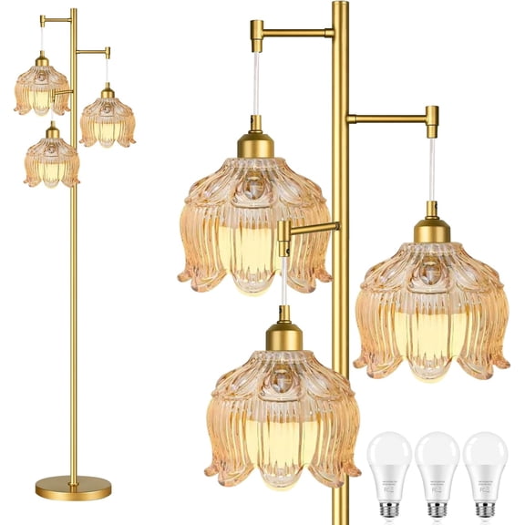 Pink Floor Lamp for Living Room,Bedroom,Gold Mid Century Modern Standing Lamp Brass Tree 3 Light Tall Floor Lamps Vintage Retro Floor Lights Glass Flower Lamp Shade Girls Boho Bohemian