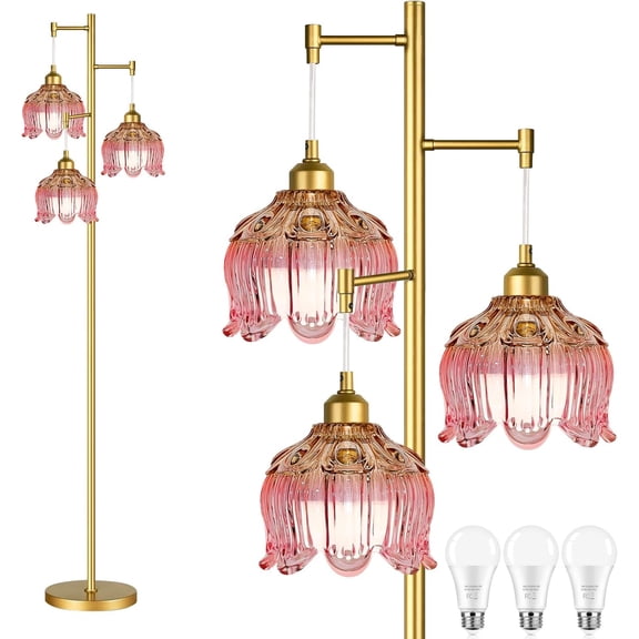 Pink Floor Lamp for Living Room,Bedroom,Gold Mid Century Modern Standing Lamp Brass Tree 3 Light Tall Floor Lamps Vintage Retro Floor Lights Glass Flower Lamp Shade Girls Boho Bohemian