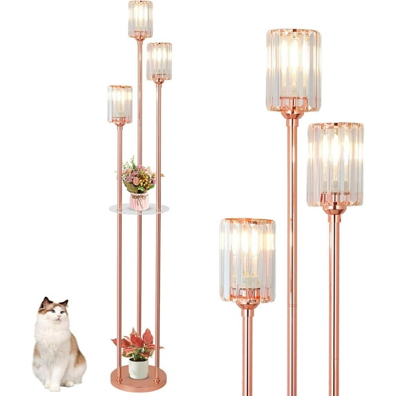 Pink Floor Lamp for Living Room, Crystal Floor Lamp with Shelves, Girls Standing Lamp with Table, Modern Corner Lamp with On/Off Switch, Unique Tall Lamp for Bedroom Nursery Office