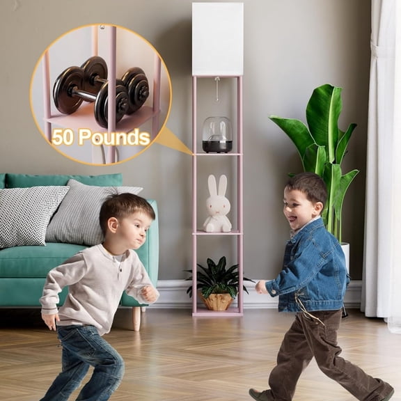 Pink Floor Lamp with Shelves for Living Room, Shelf Floor Lamp with 3 CCT LED Bulb, Corner Display Standing Column Lamp Etagere Organizer Tower Nightstand with White Linen Shade for Bedroom, Office