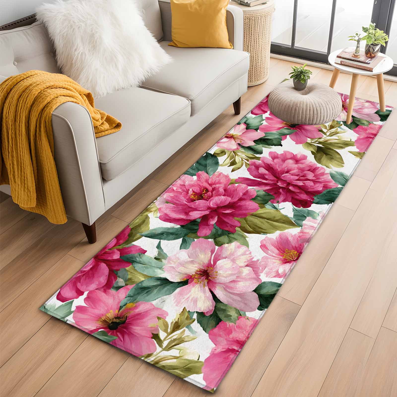Pink Floral 2'x6' Runner Rugs for Hallway Kitchen Bedside Non Slip Washable, Watercolor Flowers Leaves Plants Watercolor Entryway Rug Runners with Rubber Backing, Long Carpet Runner for Laundry Room