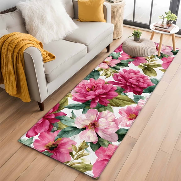 Pink Floral 2'x6' Runner Rugs for Hallway Kitchen Bedside Non Slip Washable, Watercolor Flowers Leaves Plants Watercolor Entryway Rug Runners with Rubber Backing, Long Carpet Runner for Laundry Room