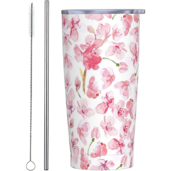 Pink Floral 20oz Tumbler with Lid and Straw for Women Men, Watercolor Sakura Flower Insulated Mug Cherry Blossom Aesthetic Stainless Steel Tumbler Double Wall Vacuum Travel Mug Coffee Cup