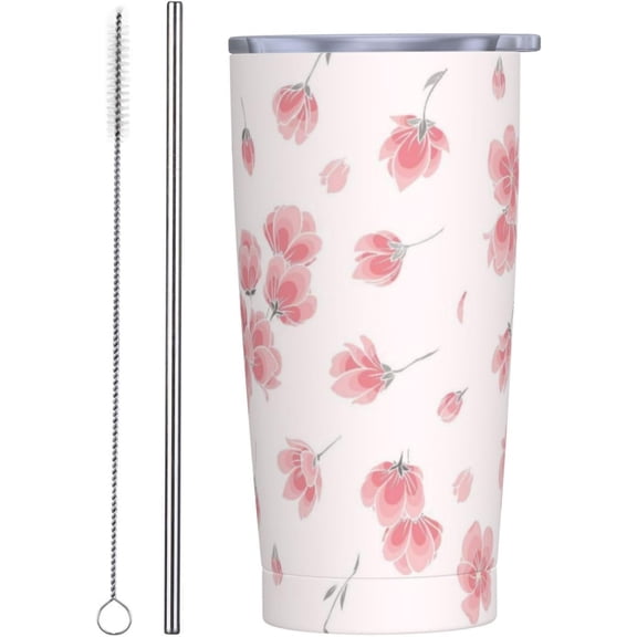 Pink Floral 20oz Tumbler with Lid and Straw for Women, Pink Cherry Blossoms Floral Insulated Mug Watercolor Cherry Blossom Stainless Steel Tumbler Double Wall Vacuum Travel Mug Coffee Cup