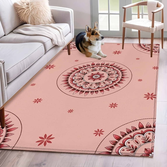 Pink Floral 3'x5' Washable Rug, Circular Flowers Ethnic Abstract Aesthetic Non-Slip Area Rugs for Entryway Kitchen Classroom, StainResistant Dorm Throw Carpet, Low Pile Soft Indoor Floor Mat