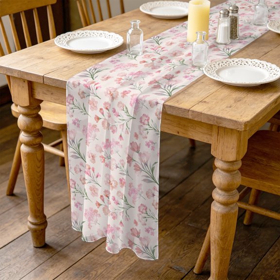 Pink Floral 4.5ft Cheesecloth Table Runner for Wedding 19"x55", Spring Romantic Flower Pale Pink Backdrop French Country Kitchen Dinner Sheer Tulle Chiffon Dresser Scarf, Holiday Party Decorations