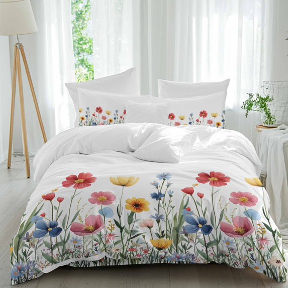 Pink Floral 4 Piece Duvet Cover Set Queen Size Rustic Wildflower Leaf Spring Blossom Soft Bedding Set Comforter Cover, 1 Duvet Cover 1 Flat Sheets and 2 Pillowcases