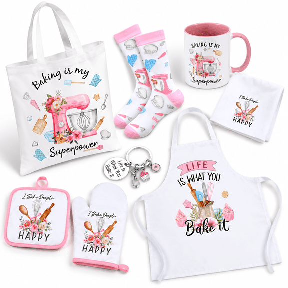 Pink Floral 8-Piece Baking Utensil Gift Set for Baker Lovers