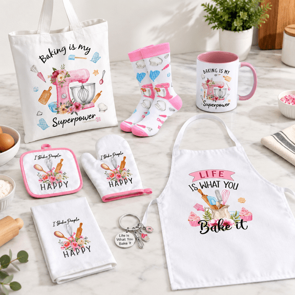 Pink Floral 8-Piece Baking Utensil Gift Set for Baker Lovers