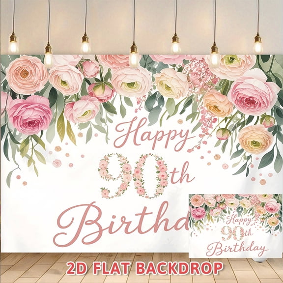 Pink Floral 90th Birthday Backdrop, Elegant Adult 90th Birthday Party Decorations, Photo Booth Background Banner for Birthday Celebration Photography Wall Decor