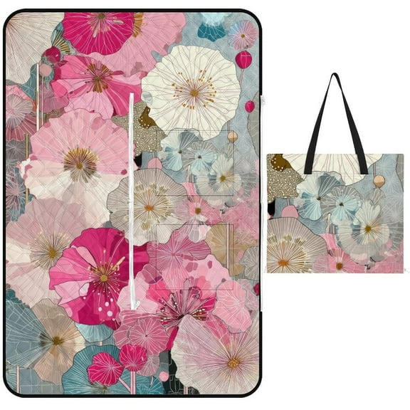 Pink Floral Abstract Art Design Picnic Blanket Waterproof Outdoor Beach Blanket Hand-held Pad Suitable for Travel, Camping, Beach, Family Gatherings