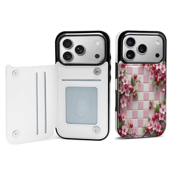 Pink Floral And Berry Pattern Leather Wallet Case for iPhone 12 Pro Max Wallet Case Card Holder Flip