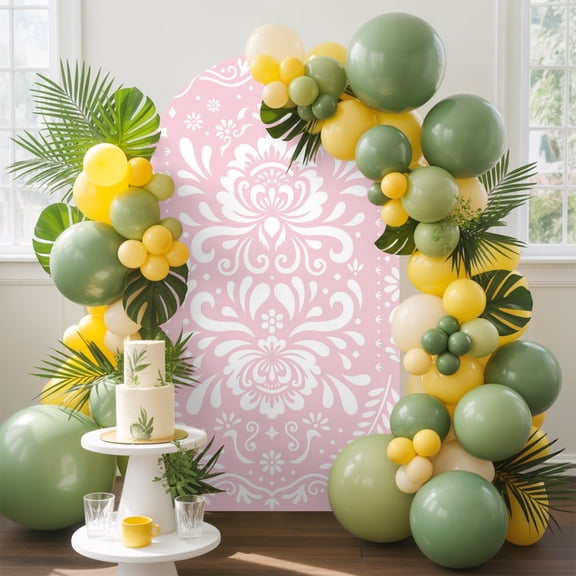 Pink Floral Arch Backdrop Cover, 4FT, Vintage Scrollwork Damask Boho Spandex Arch Covers Double-Sided Backdrop for Wedding Birthday Party Photo Background Decoration