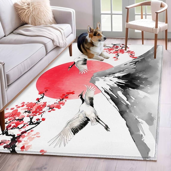 Pink Floral Area Rug 4'x6', Tree Birds Retro Art Botanical Mountain Washable Non-Slip Rugs, Low Pile Large Carpet for Living Room Bedroom Dining Room Kitchen Office Indoor Mat