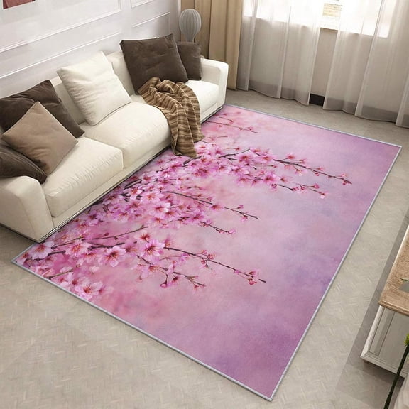 Pink Floral Area Rug, Cherry Blossom Botanical Flower Indoor Carpet, Washable Non Slip Low Pile Soft Thin Rug for Living Room Bedroom Home Decor Mat 2x3ft