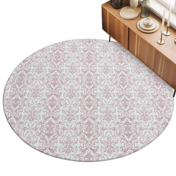Pink Floral Area Rug, Ethnic Middle East Non-Slip Felt Rubber Backing Round Indoor Carpet Washable Rugs for Living Room Bedroom 3ft