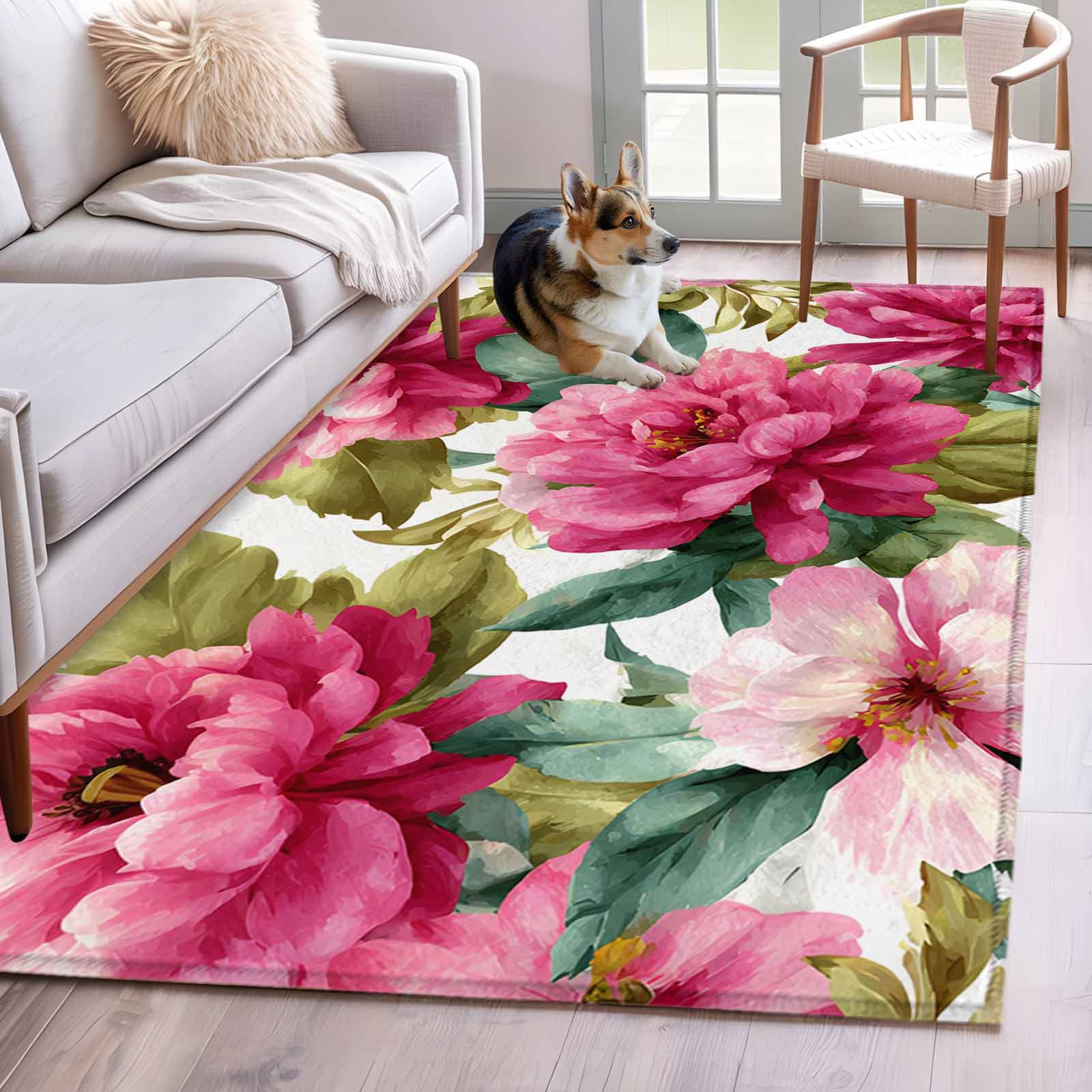Pink Floral Area Rugs 4'x6', Washable Small Throw Rugs for Office Bathroom, Watercolor Flowers Leaves Plants Watercolor Indoor Outdoor Rug Non-Slip Low Pile Carpet Runner Reversible Floor Mats