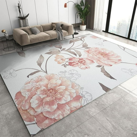 Pink Floral Area Rugs, Small White Floral Washable Rug, Soft Non-Slip Durable Low Pile Carpet for Living Room Bedroom Office Kitchen Entryway Hallway 2'x3'