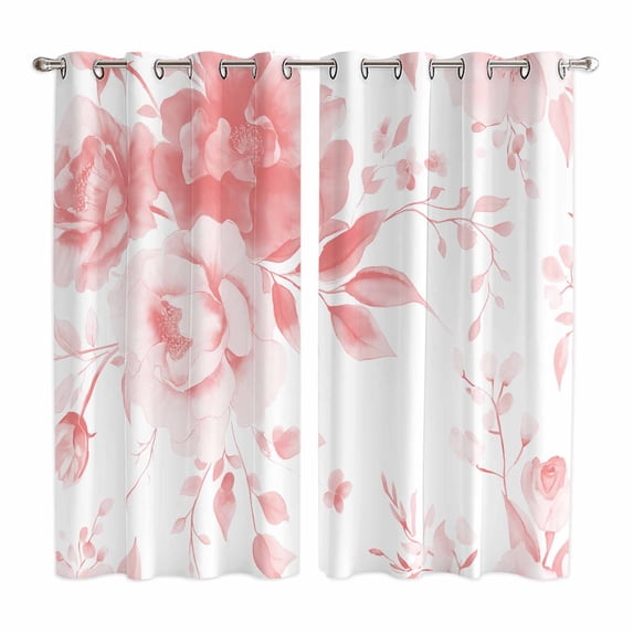 Pink Floral Art Kitchen Curtains 84 Inch Length, Watercolor Botanical Spring Flowers Grommet Top Bedroom Living Room Curtains, Light Filtering Cafe Curtain Drapes 2 Panels Set 104''x84''