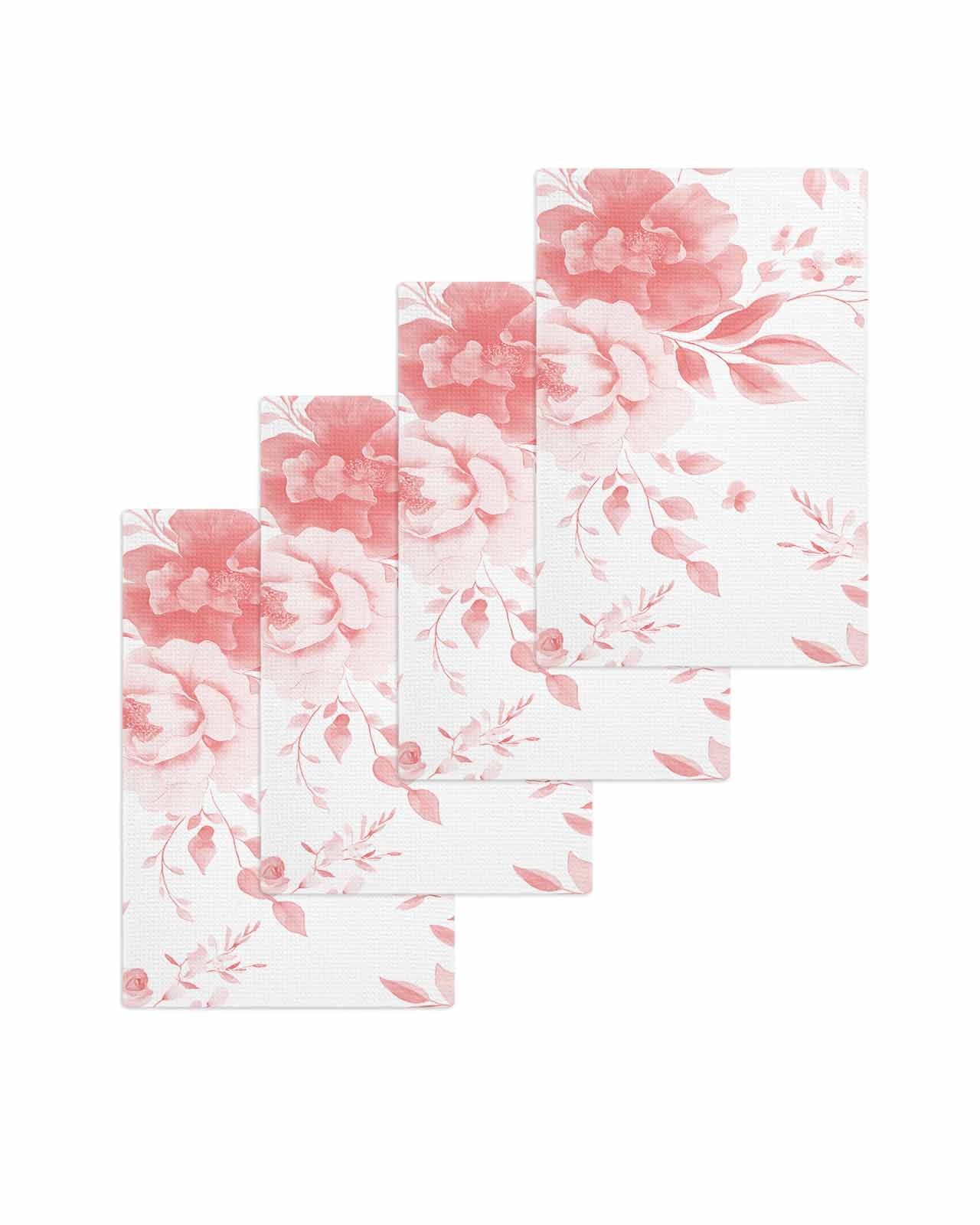Pink Floral Art Kitchen Dish Towels for Drying Dishes Set of 4, Watercolor Botanical Spring Flowers Waffle Weave Microfiber Terry Hand Tea Bathroom Towels Quick Dry & Absorbent Towel 15.7x23.6
