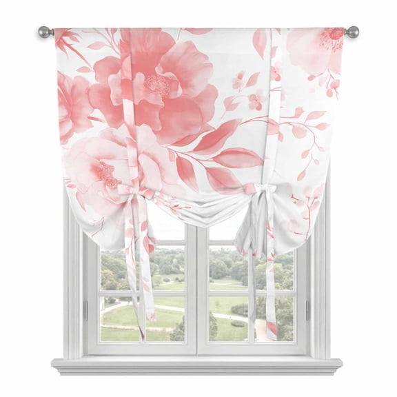Pink Floral Art Tie Up Curtains for Small Windows,Adjustable Rod Pocket Valance 45 Inch Short, Watercolor Botanical Spring Flowers Window Treatment Balloon Roman Blind Shade, 34" x 45"