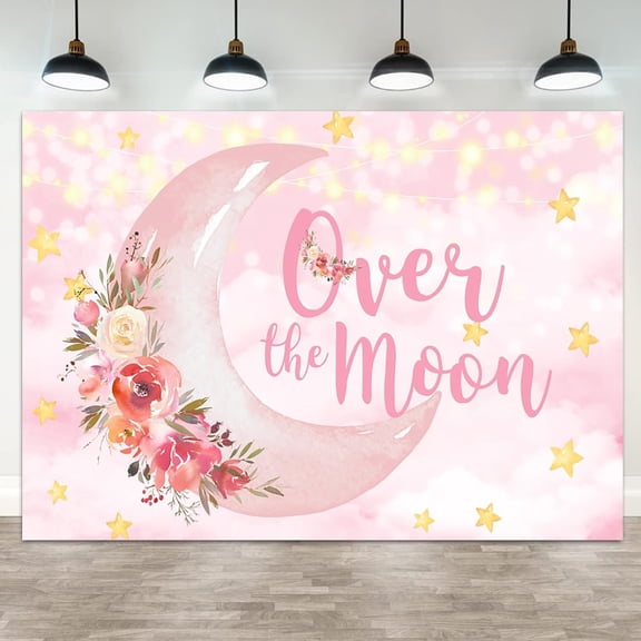Pink Floral Baby Shower Backdrop Over The Moon Photography Background Green Leaf Yellow Star Glitter Dots Girls Birthday Party Decorations Banner Supplies Photo Booth Props
