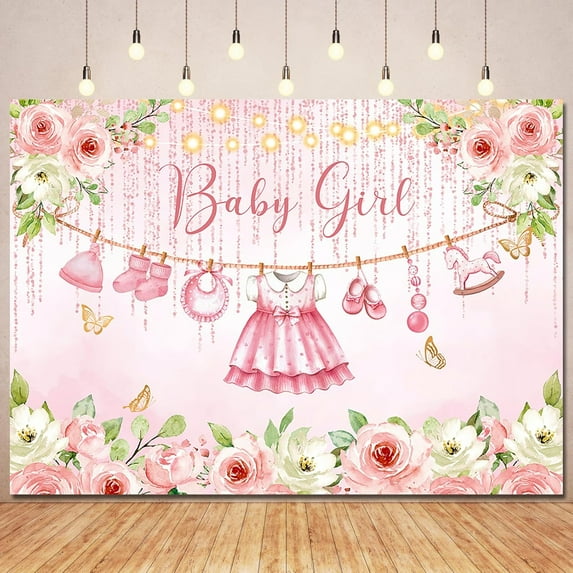 Pink Floral Baby Shower Backdrop Rose Gold Flower It's a Girl Photography Background Pink Floral Baby Clothes Baby Shower Newborn Birthday Party Decorations Banner Supplies Photo Booth Props